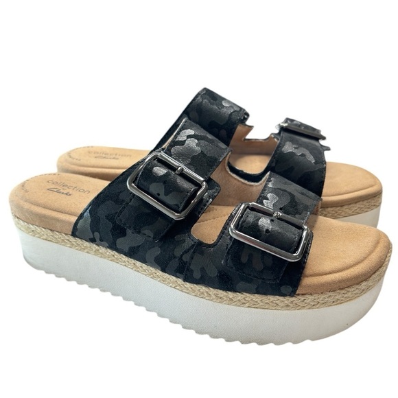 Clarks Sandals Womens Sz 8 Black Double Strap Platform Ultimate Comfort Cushion - Picture 1 of 12